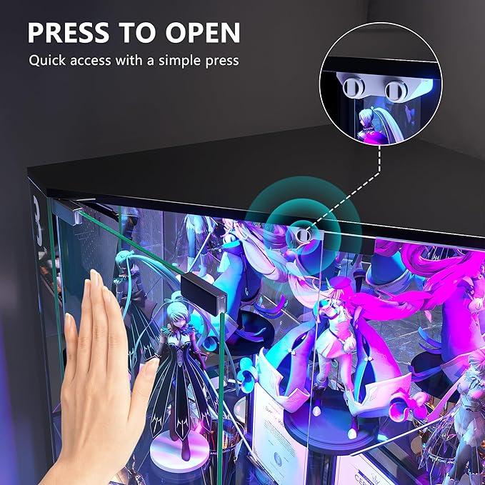 Corner Display Cabinet with Glass Doors, 64.7" Tall Curio Cabinet with RGB Lights for Collectibles, 4-Tier Showcase Display Case with Human Sensor for Toys, Books, Black