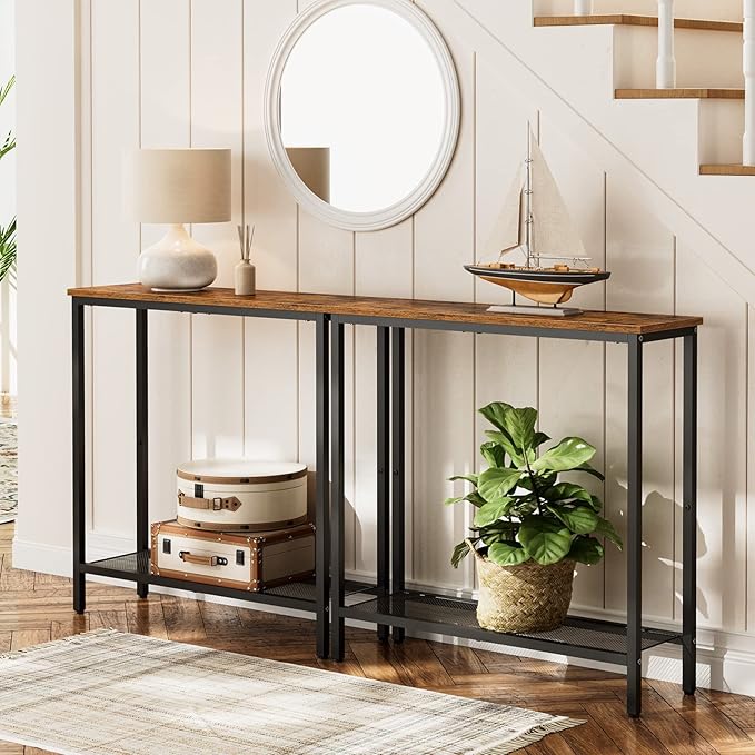 HOOBRO 29.5" Narrow Console Table, Small Entryway Table with Shelf, 2 Tier Thin Sofa Table, Behind Couch Table, Side Table, for Hallway, Living Room, Bedroom, Rustic Brown and Black BF74XG01