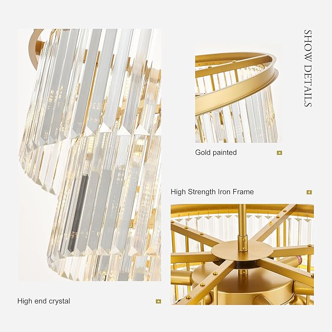21-Light Gold Crystal Chandelier 29.92" Modern Crystal Pendant Ceiling Light Fixture 7-Tier Luxury K9 Crystal Chandeliers,for Living Room Hotel Lobby Restaurant Foyer High Ceiling