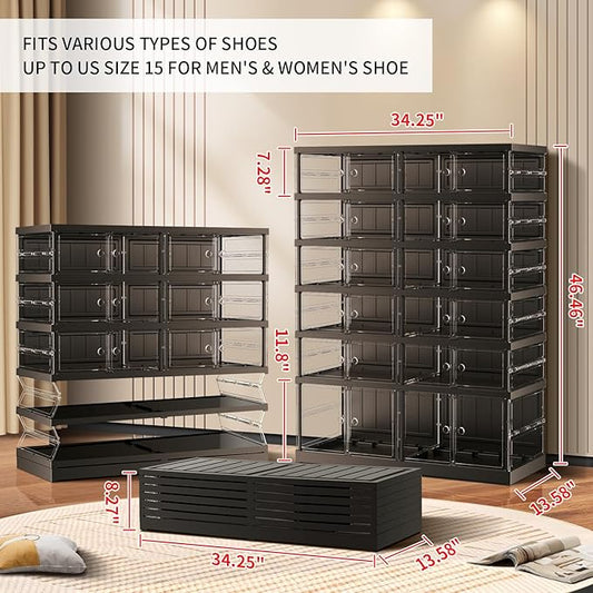 6-Tier Foldable Shoe Rack for Closet Entryway 12-24Pairs,Stackable Clear Shoe Storage Boxes Organizer with Door Plastic Shoe Cabinet Bins with Lids Shoes Shelf Easy Assembly Large Black