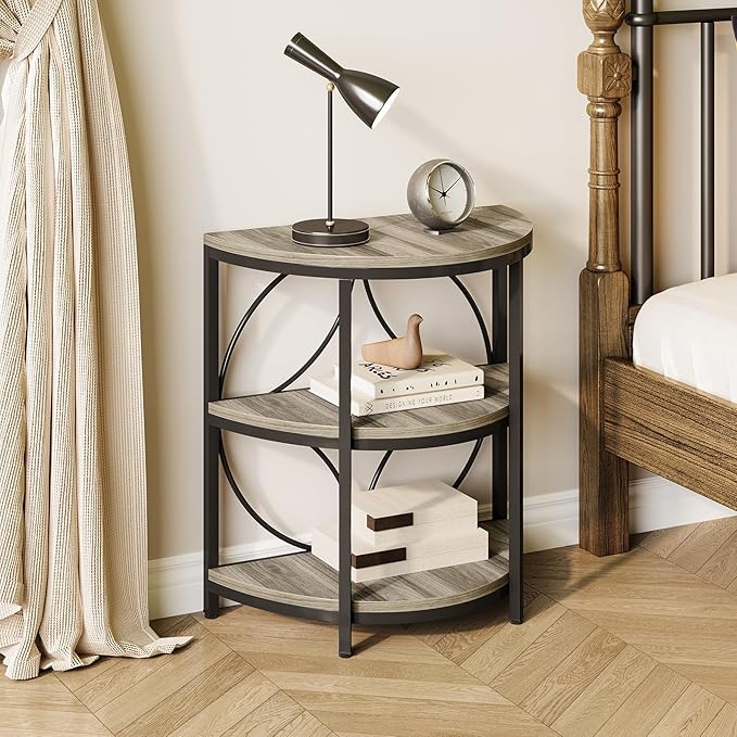 LITTLE TREE Small Half-Round Side Table Set of 2, 3-Tier Grey Wooden Accent Table for Living Room, Bedroom, Sofa