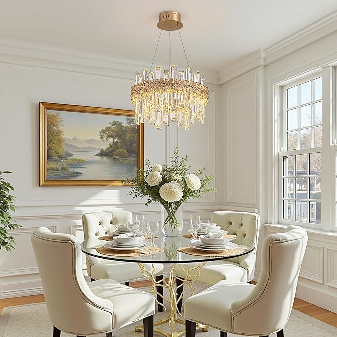 Luxury Crystal Chandeliers for Dining Room,14.9“ Gold K9 Crystal Chandelier,Adjustable Pendant Ceiling Light Fixture with Leaf-Edge for Living Room Foyer Entryway (Brass Gold 3, D15 H10)
