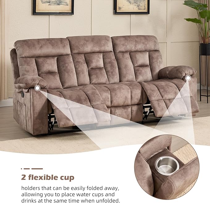 CANMOV Recliner Sofa Set, 3 Seat Recliner Sofa and Manual Loveseat with Overstuffed Armrest, Storage Console,Hidden Cup Holders, for Living Room, Camel-Brown