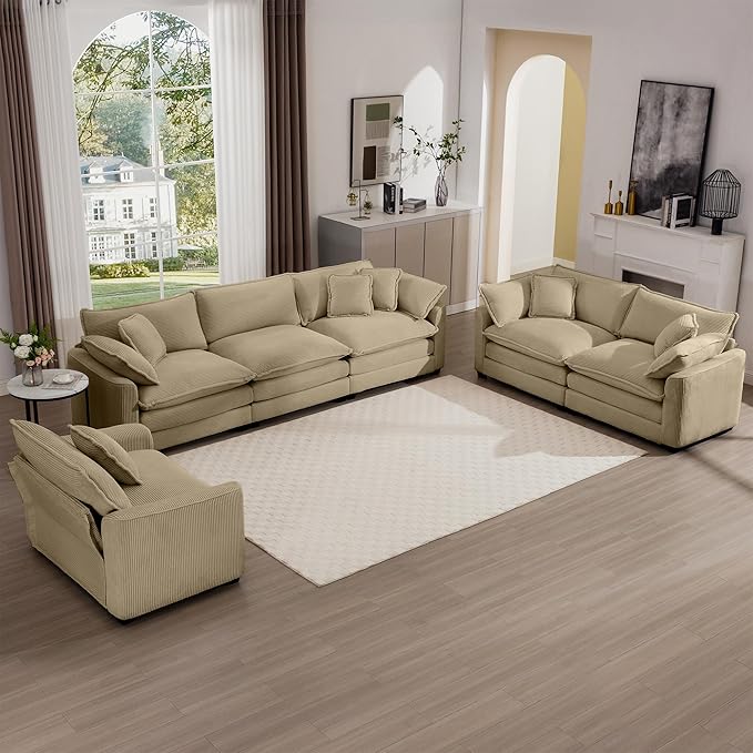 KEIKI 3-Piece Sofa Set with 1 Oversized Corduroy 3-Seater Sofa & 1 Loveseat & 1 Single Sofa, Upholstered 6-Seater Couch Set with 10 Pillow, High-Density Foam Cushions, for Living Room, Tan