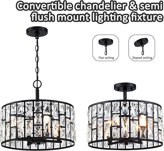 MEXO Farmhouse Crystal Convertible Chandelier and Semi Flush Mount Lighting Black Cylinder Drum Shade Pendant for Kitchen Island Dining Room Bedroom Hallway