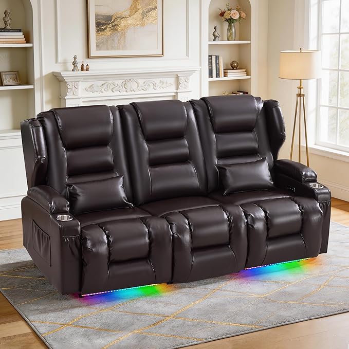SAMERY Power Loveseat Recliner Sofa, Wall Hugger Reclining Loveseat Sofa, Movie Home Theater Seating with Flip-Backrest, Solid Wood Top, Ambient LED Lights, USB-C, Outlets, Faux Leather, Brown | Extra Wide Seat, Plush Padding, Dual Power Recline, Flip-...
