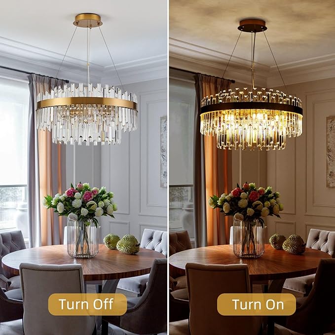 Modern Luxury Brushed Brass Gold Crystal Chandelier, 6-Light 2-Tier Raindrop Round Pendant Ceiling Light for Dining Room,Kitchen Island,Foyer,Bedroom,Entryway - 19.7" D,E12 Base