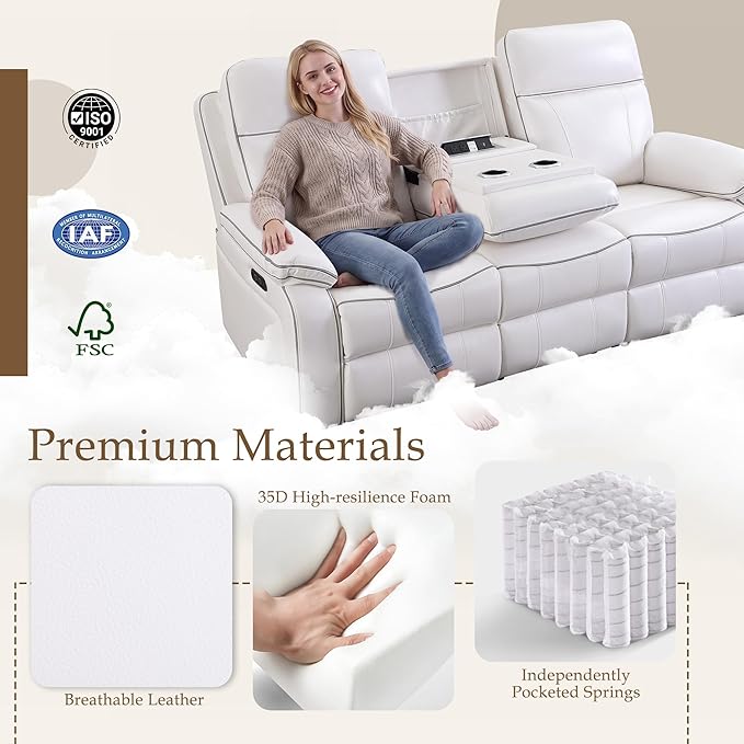 Power Reclining Loveseat with LED Reading Light/Storage Drawer, Power Loveseat Recliner Sofa, Reclining Loveseat with Bluetooth Speakers/Outlets/Breathing Leather (White, 3 Seat)