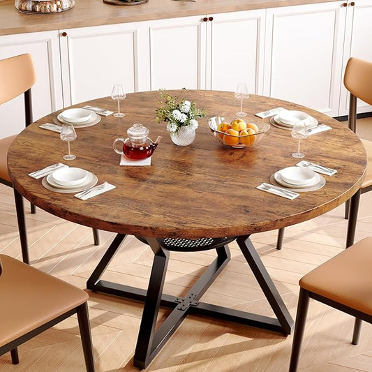 Concho 55" Round Table for 4-6, Circle Dining Dinner Table with Pedestal Metal Frame, Space Saving Wood Kitchen & Dining Room Furniture, Rustic Brown