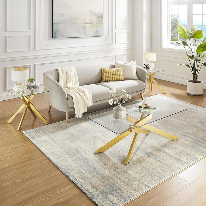 Gold Coffee Table for Living Room, Modern Glass Coffee Table with 47" Tempered Glass Top and Metal Tubular Legs for Small Space, Apartment, Office