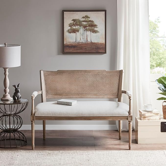 Madison Park Willshire Natural Rattan Settee, Upholstered Seat - Charming Country Design, Rustic Reclaimed Wood Finish, Ratan Insert Backrest & Padded Arm Rest, 47.25" Wide Beige/Reclaimed Natural