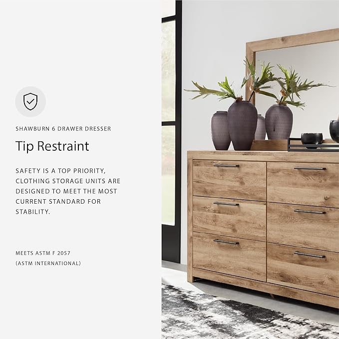 Signature Design by Ashley Hyanna Rustic Smooth-Gliding 6-Drawer Dresser and Mirror with Safety Stop, Light Brown