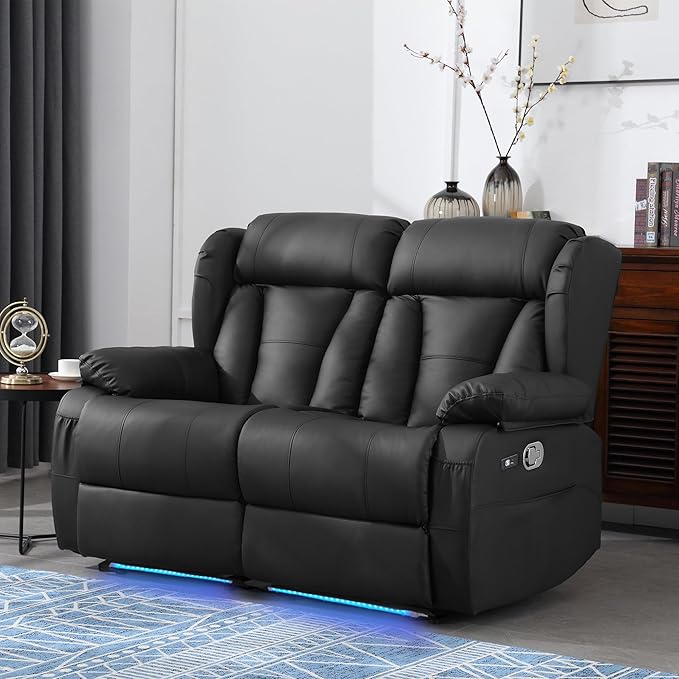 59" Loveseat Recliner Sofa, Manual Reclining Double Loveseat with USB-A & USB-C Ports/LED Lights, RV Couch for Living Room & Home Theater with Cup Holders/Side Pockets (Black with LED)