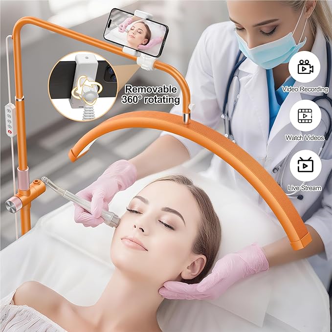 AURELLE Half Moon Lash Light - Adjustable LED Floor Lash Lamp with 4X Magnifier & Phone Holder for Eyelash Extensions,Nail Art,Tattoo,Skincare,Salon SPA-Dimmable Brightness,Rotating Head, Orange
