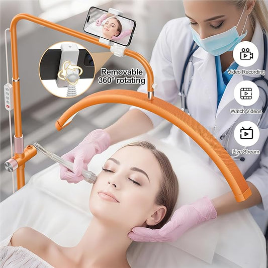 AURELLE Half Moon Lash Light - Adjustable LED Floor Lash Lamp with 4X Magnifier & Phone Holder for Eyelash Extensions,Nail Art,Tattoo,Skincare,Salon SPA-Dimmable Brightness,Rotating Head, Orange