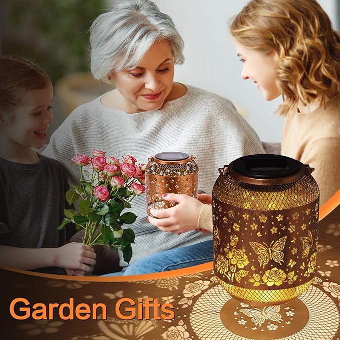 2 Pack Butterfly Solar Lanterns Outdoor Waterproof Rose Garden Decor Gifts for Mom Women Grandma Metal Hanging Solar Lights Outdoor Decoration for Patio,Yard,Porch,Backyard