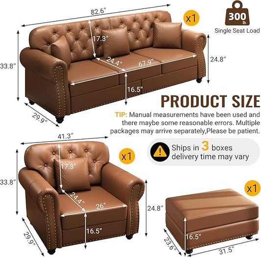 KEIKI 2-Piece Chesterfield Sofa Set with 1 Faux Leather 3-Seater Sofa & 1 Single Sofa, Upholstered 4-Seater Couch Set with Nailhead Trim & Rolled Arms & 1 Ottoman & 4 Pillow, for Living Room, Brown