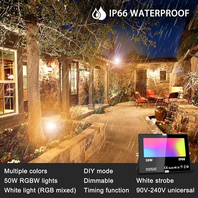 MELPO LED Flood Light Outdoor, 500W Equivalent 5000LM Smart RGB Landscape Lighting with APP Control, DIY Scenes - Timing - Warm White 2700K - Color Changing Uplight, IP66 Waterproof US Plug (2 Pack)