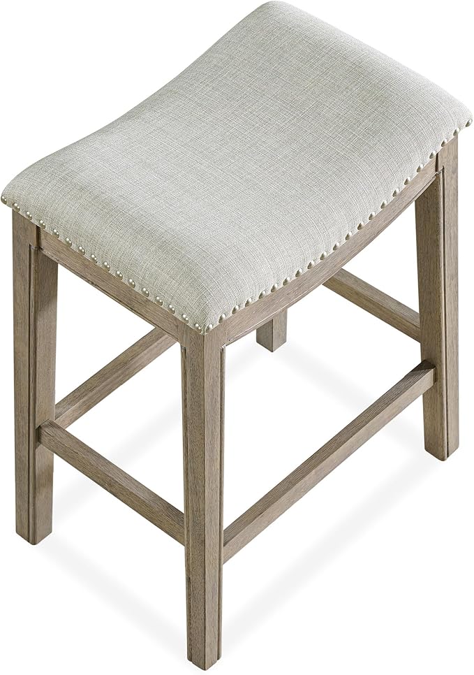 ROME + OAK Set of 4 Parker 26" Counter Stool, Backless Saddle Kitchen Barstool in Reclaimed Oak Finish with Ash Grey Fabric Upholstery Cushion Seat