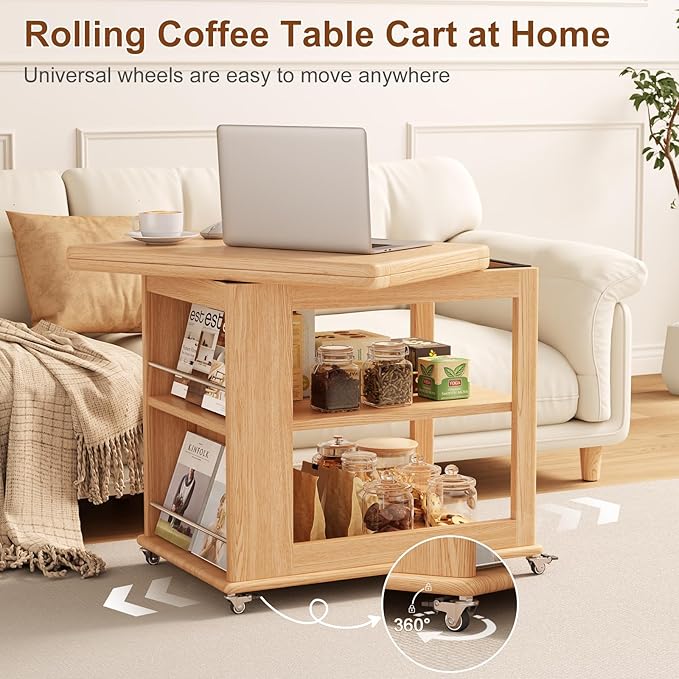 Folding Dining Table with Wheels, Solid Wood Dining Table Stylish 2-Tier Design for 2-4,Natural Hidden Storage for Living Room,Small Spaces, Dining Room, Kitchen