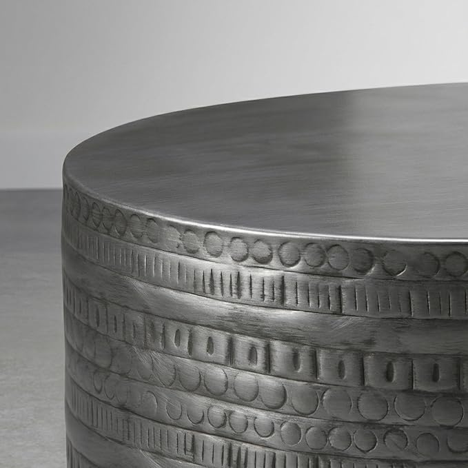 SIMPLIHOME Johnsen Tribal Accent Table – 15 inch Wide Round Metal Drum Side Table in Distressed Nickel, Boho Industrial Accent Table for Living Room with Embossed Tribal Pattern, Assembled