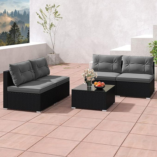 Tangkula 5 Piece Rattan Sofa Set, Outdoor Wicker Furniture Set w/Seat & Back Cushions, Square Coffee Table, Patio Sectional Sofa Set for Backyard, Poolside, Garden (Grey)