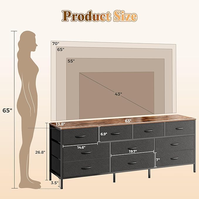 Huuger 63 Inch Dresser for Bedroom, Long Dresser with 10 Fabric Drawers, TV Stand for 55, 65, 70 Inch TV, Toy Storage Organizer for Closet, Rustic Brown and Black