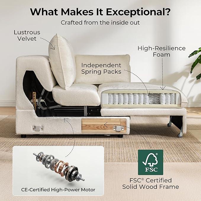 103" Electric Pull Out Sleeper Sofa Bed, 2in1 Convertible Power Extendable Couch Bed with Fast Charging USB&3 Smart Motor&Wide Back, Oversized Couches for Living Room&Small Space, Velvet Beige | Electric Extendable, Stepless Adjustment, Fast-Charging P...