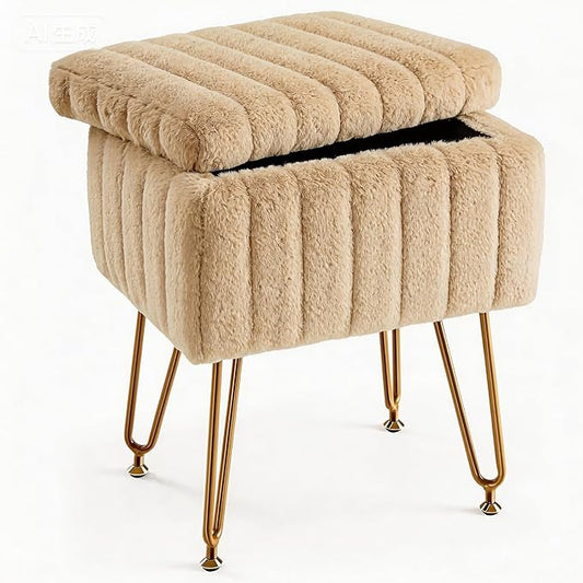 DUMOS Vanity Stool Chair, Ottoman with Storage, Makeup Cute Soft Small Footstool, Modern Style Faux Fur Seat with 4 Metal Legs & Adjustable Feet for Dressing, Living Room Bedroom Dorm, Camel