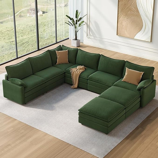 Vesgantti 142" Cloud Couch Sectional Modular Sofa, Comfy Sectional Couch with Ottoman Deep Seat Chenille L Shaped Sofa, Modular Couches for Living Room, Bedroom and Apartment, Beige | Sink-in Comfort, Height Adjustable, Easy Rearrangement, Extra-deep O...