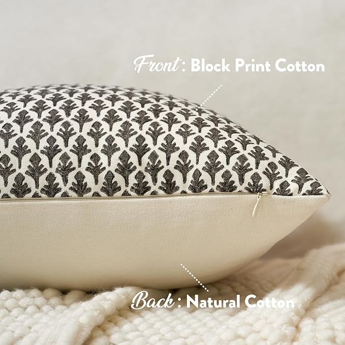 FIOUOVO Floral Pillow Covers 24x24 Pillow Cover Block Print Couch Pillows for Living Room Decorative Neutral Accent Throw Pillow Covers, 1PC, Charcoal Black