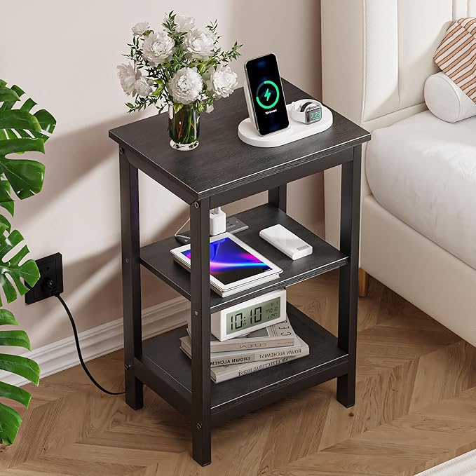 VECELO End Table with Charging Station and USB Ports, Small Wood Nightstand Modern, 24" Tall Living Room Side Table with 3-Tier Storage Shelves for Small Spaces,Office,Bedroom, Classic Black, Set of 2