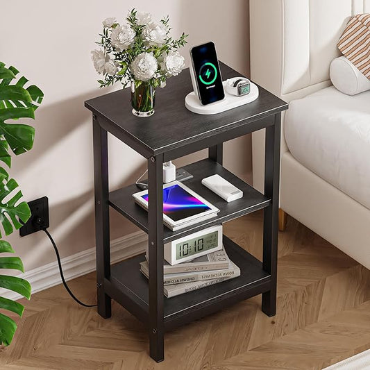 VECELO End Table with Charging Station and USB Ports, Small Wood Nightstand Modern, 24" Tall Living Room Side Table with 3-Tier Storage Shelves for Small Spaces,Office,Bedroom, Classic Black, Set of 2