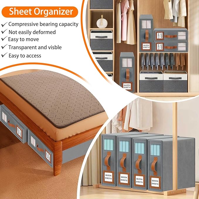 GhvyenntteS 6 Pack Bed Sheet Organizers and Storage, Sturdy Bed Sheet Organizer with Zipper and Handle, Foldable Linen Closet Organizers and Storage with Window and Label, Grey