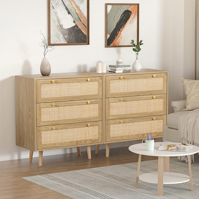 Anmytek 3 Drawer Dresser for Bedroom, Rattan Dresser Modern Wood Chest of Drawers with Spacious Storage for Bedroom Hallway Living Room, Rustic Oak, H0027