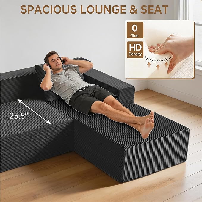 Nigoone 103" Boneless Corduroy Sectional Couch with Left Chaise, Modular L Shaped Couches for Living Room, Large Minimalist Modern Deep Seat Floor Sofa Set, No Assembly