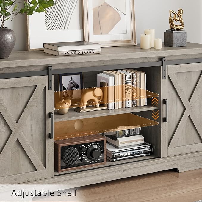 GarveeHome Farmhouse Tv Stand for 65 in TVs, Entertainment Center with Sliding Barn Doors and Adjustable Shelf, Modern Media TV Console TV Stand Table for Living Room, Bedroom, Grey