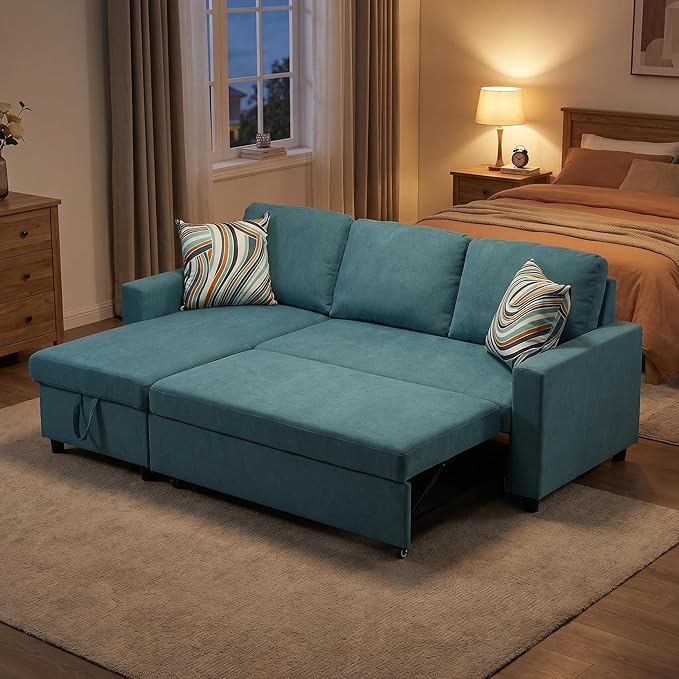 Pull Out Couch, L Shaped Sectional Couch with Pull Out Bed, Convertible Sofa Bed with Storage Chaise, Queen Size Sleeper Sofa, Sofa Bed Couch, Sleeper Sofa with Storage, Blue
