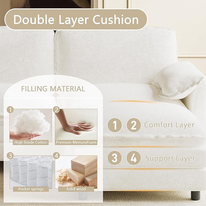 114" U Shaped Cloud Couch Sectionals Comfy Beige White Sectional Couches for Living Room Modern Fluffy Oversized Modular Sofas with Ottoman, Chenille Large Big 5 Seat Sofa Set