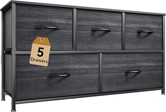 DWVO Dresser with 5 Drawers - Fabric Storage Tower, Organizer Unit for Bedroom, Living Room, Closets - Sturdy Steel Frame, Wooden Top (Black)