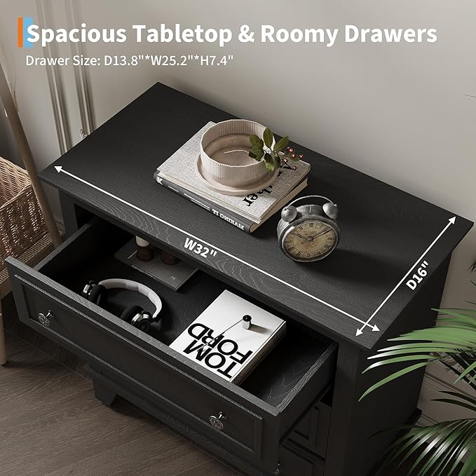 GAOMON 3 Drawer Dresser for Bedroom, Black Wood Chest of Drawers Bedroom Dresser, Rustic Small Drawers Dressers Nightstand Wooden Closet Storage Cabinet for Living Room