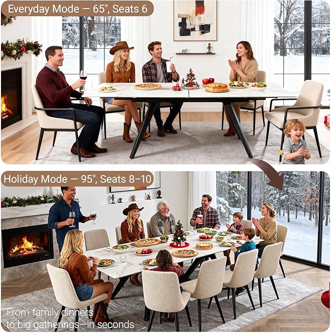 Extendable Dining Table with Leaf, 65"-95" Rectangular Sintered Stone, Marble-Look Top, Seats 6-12, Metal Base, Easy-Clean, Heat & Scratch Resistant, Dining Room/Kitchen Table for Family Gatherings