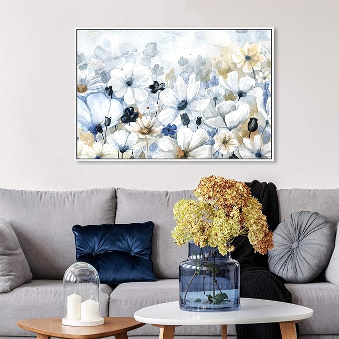 The Oliver Gal Artist Co. Floral and Botanical Wall Art Framed Canvas Prints 'Fields Flowers Home Décor, 36" x 24", Blue, White