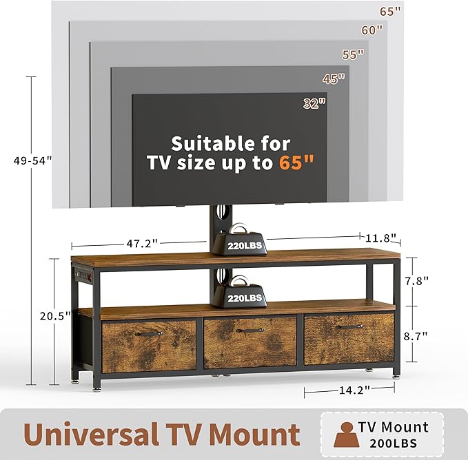 JUSTOGO TV Stand with Mount and Power Outlet, TV Stand with Drawers Storage for Living Room Bedroom, LED Entertainment Center for 45/55/60/65 inch, Height Adjustable Media Console, Rustic Brown