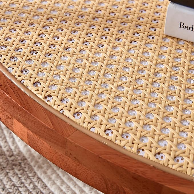 Tempered Glass Round Coffee Table, Farmhouse Circle Coffee Table with Rattan Woven Shelf for Storage, Solid Wood Circular Center Table for Living Room