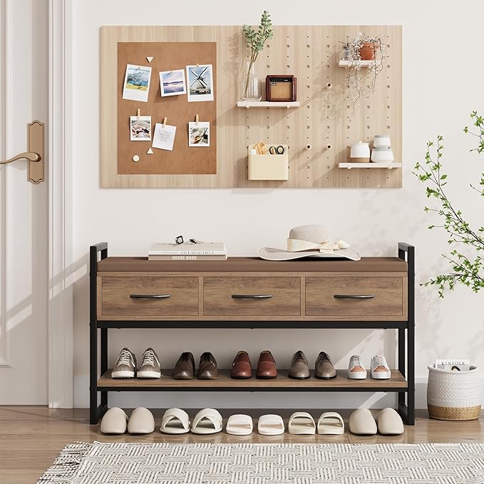 Shoe Bench, 39.4" Shoe Storage with Cushion, Industrial Rack Organizer with Fabric Drawers for Entryway, Hallway, Brown