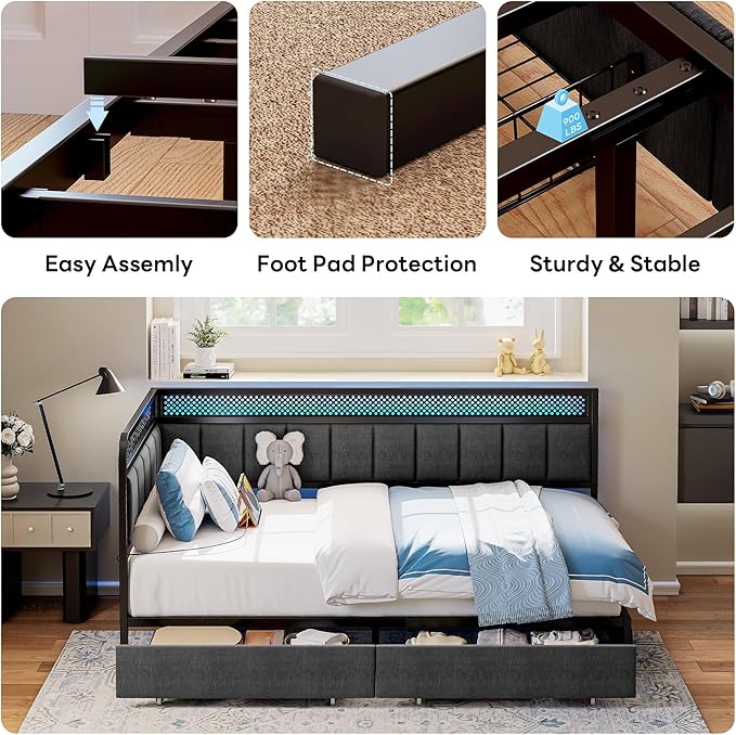 LIKIMIO Twin Corner Bed Frame with Storage Drawers and Charging Station, Modern Twin Daybed with LED Lights and Upholstered Guardrail, Gray