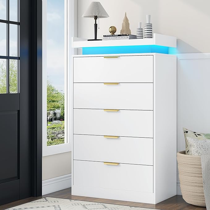 Tall Dresser for Bedroom, White Dresser with LED Lights, Wood 5 Drawer Chest with Power Outlet, Modern Chest of Drawers for Bedroom, Entryway, Hallway