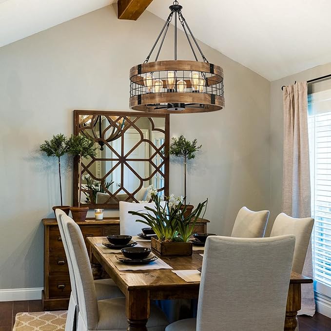 6-Light Farmhouse Wood Chandelier for Dining Room, Rustic Foyer Light Fixtures, Industrial Drum Hanging Lights for Kitchen Island Entryway, Nature Wood Texture and Black Metal Finish