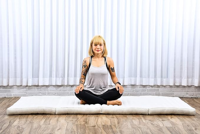 Leewadee Trifold Mattress Standard – Comfortable Thai Massage Pad, Foldable Floor Mattress Filled with Eco-Friendly Kapok, Perfect to Use as a Sleeping Mat 79 x 28 inches, Ecru
